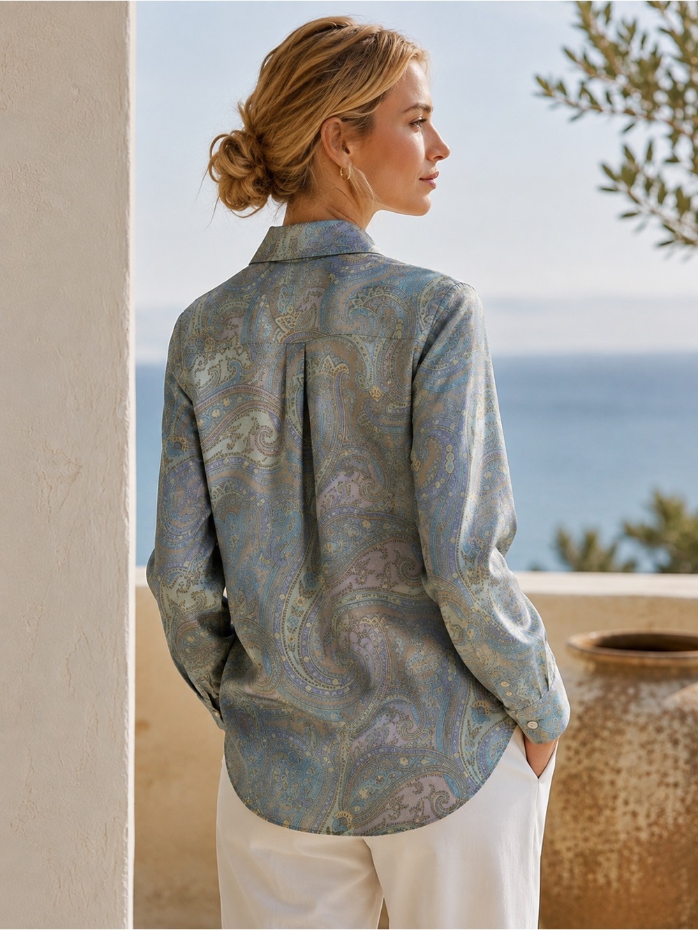Lafayette 148 New York 100% Silk Light Blue & Sea Foam Paisley Button-Down Shirt - Picture 3 of 10